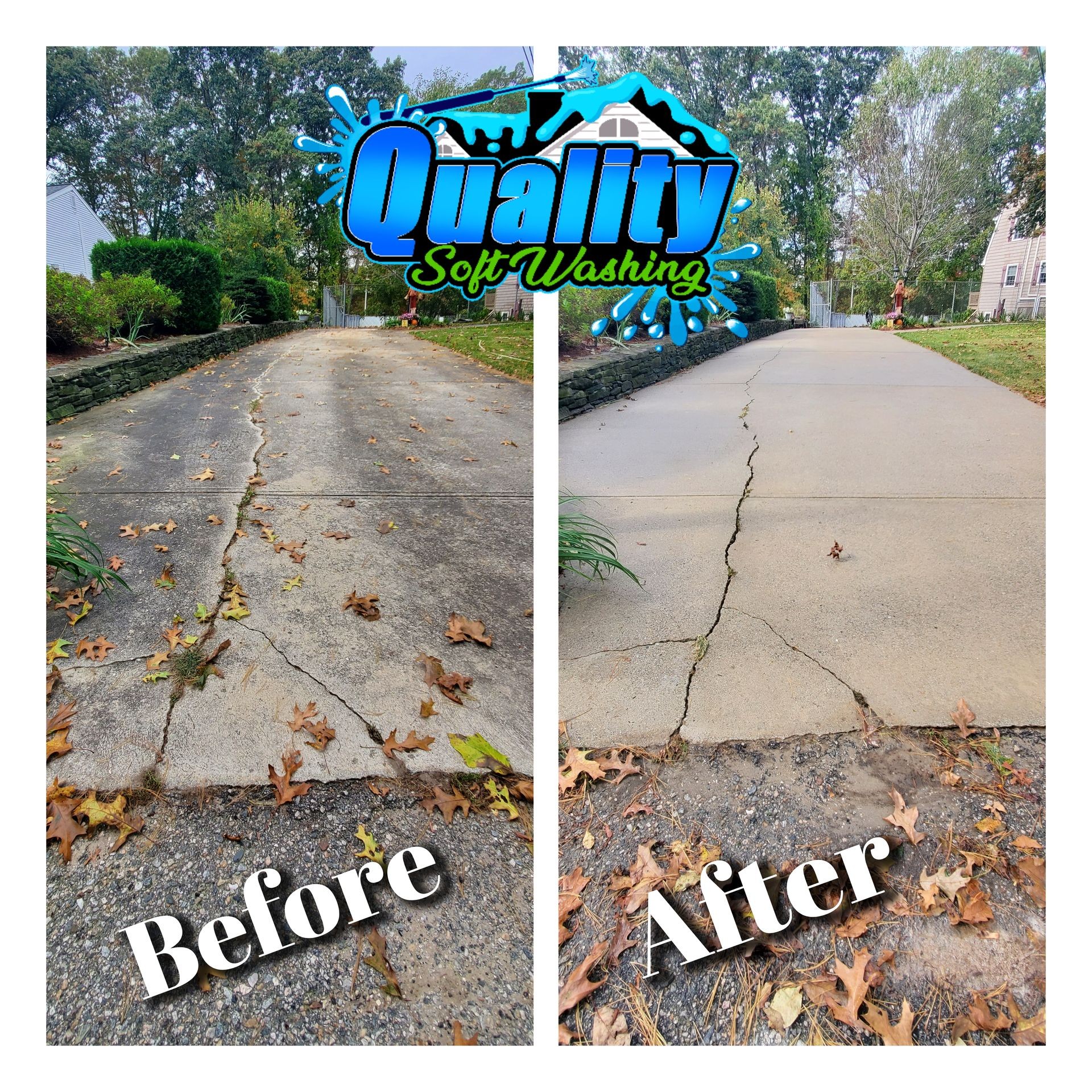 Experience the transformation of your concrete driveway with Quality Soft Washing LLC! Our professional cleaning services ensure a safe and effective restoration, removing stubborn stains, algae, and grime. Utilizing advanced algaecide pretreatment and precision cleaning techniques, we guarantee a thorough clean without compromising the integrity of your concrete. Experience the transformation of your concrete driveway with Quality Soft Washing LLC! Our professional cleaning services ensure a safe and effective restoration, removing stubborn stains, algae, and grime. Utilizing advanced algaecide pretreatment and precision cleaning techniques, we guarantee a thorough clean without compromising the integrity of your concrete.